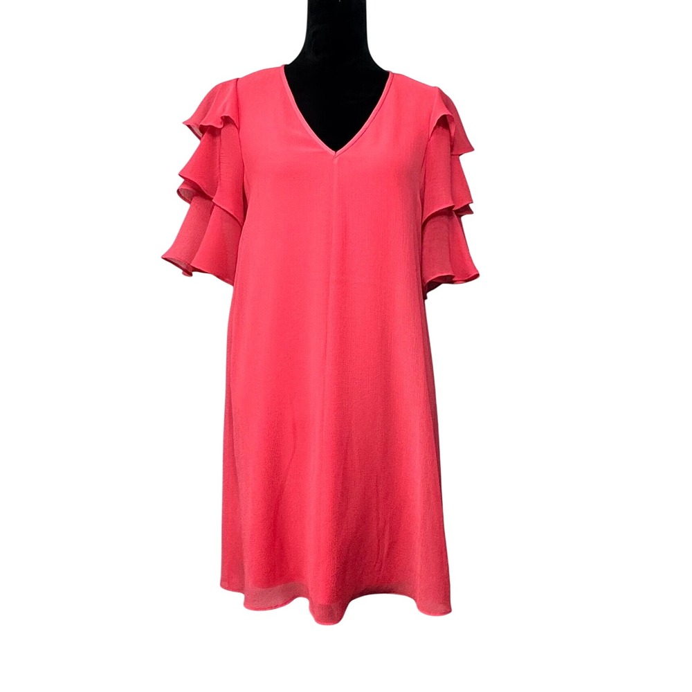 Calvin Klein Women's 8 Coral Pink Shift Dress Flutter Sleeve V-Neck Chiffon‎